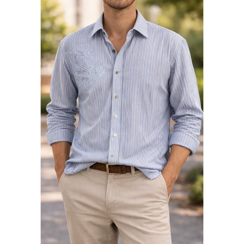 Blue Pronto Uomo XL‎ Blue White Striped Embroidered Button Up Shirt